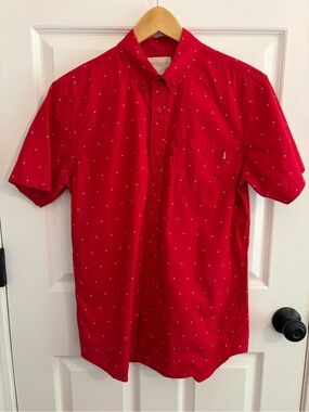 Obey Propaganda Men's Red Short-Sleeve Button-Down Shirt with White Dots - Sz S